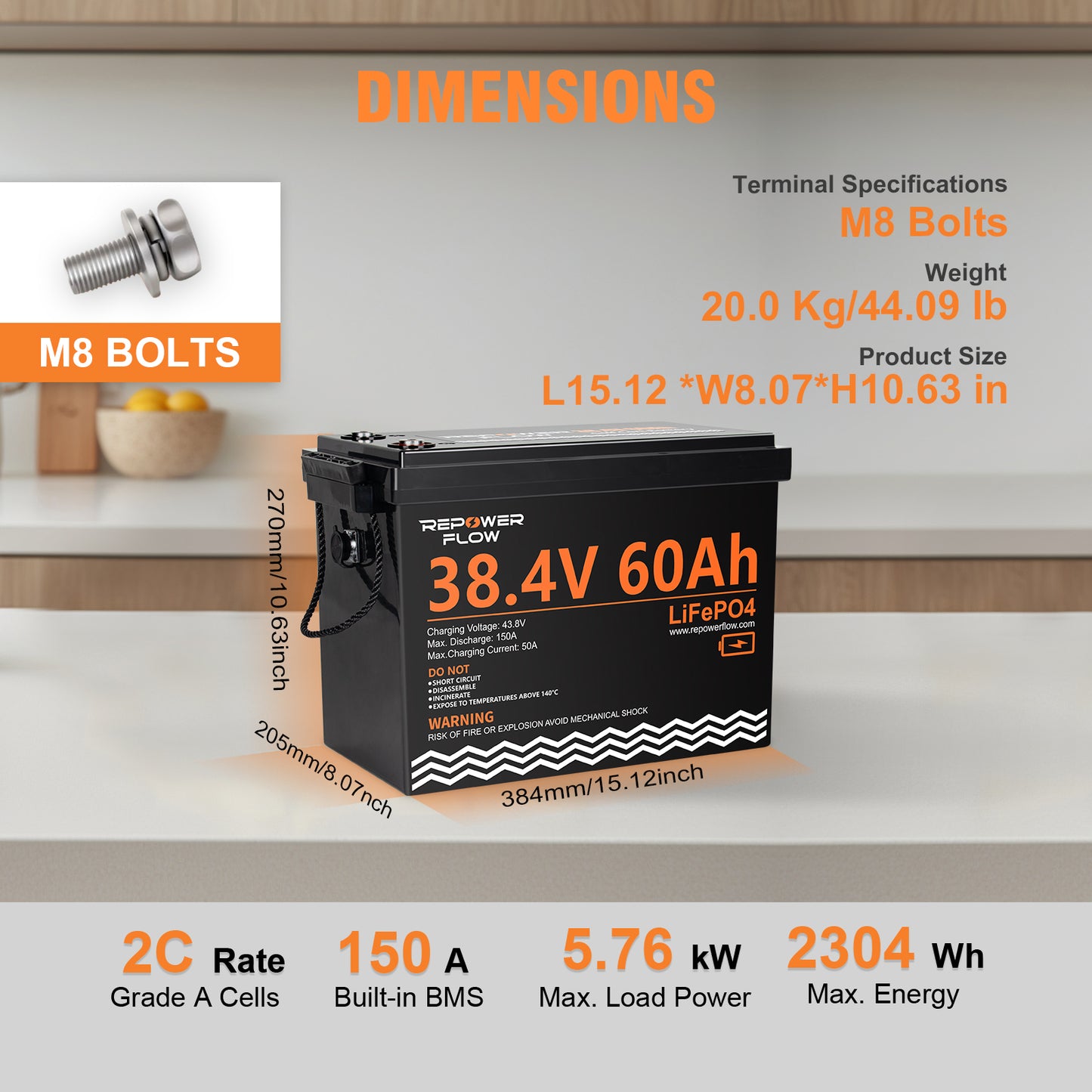 Repower Flow 36V 60Ah Lithium Golf Cart Battery with 20A Charger