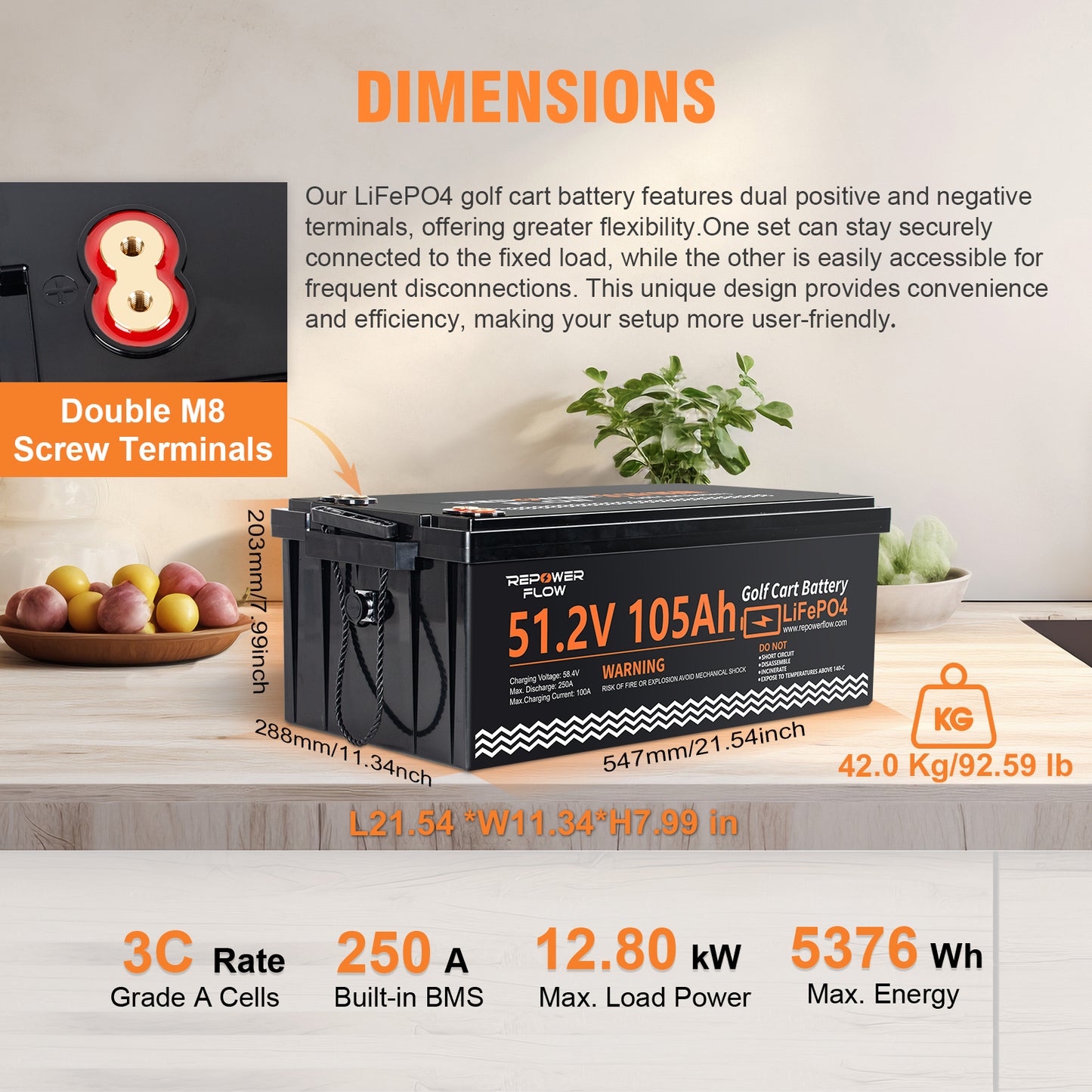 Repower Flow 48V 105Ah Lithium Battery for Golf Cart with 20A Charger