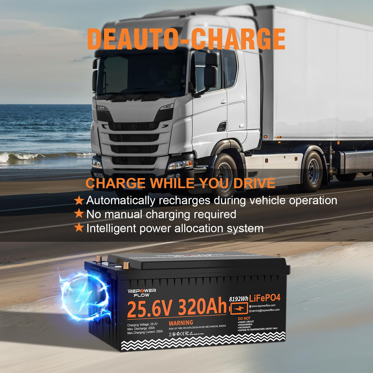 24V (25.6V) 320Ah LiFePO4 Lithium Battery, 8192Wh Deep Cycle, 200A BMS, Bluetooth, Self-Heating, for RV, Solar, Marine, Off-Grid, Home Backup